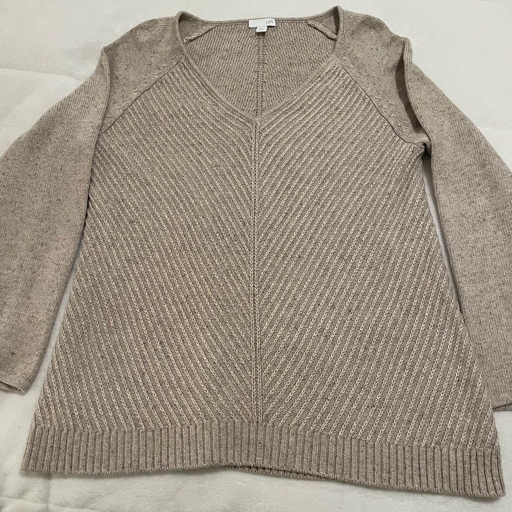 NWOT J Jill Oatmeal Beige Linen Blend Vneck Sweater Herringbone Pattern
